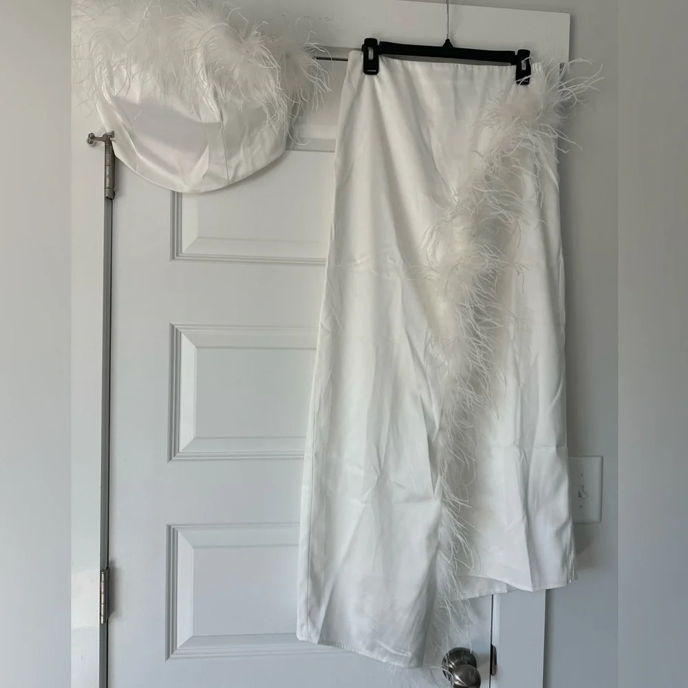 Hutch Faux Feather Strapless Crop Top And Column Maxi Skirt Set - Picture 9 of 11